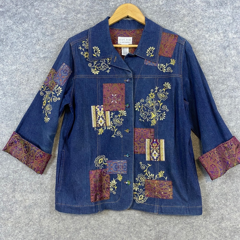 Graff Wear Denim Jacket Embroidered Patchwork Floral Cotton Blend Women's Size S